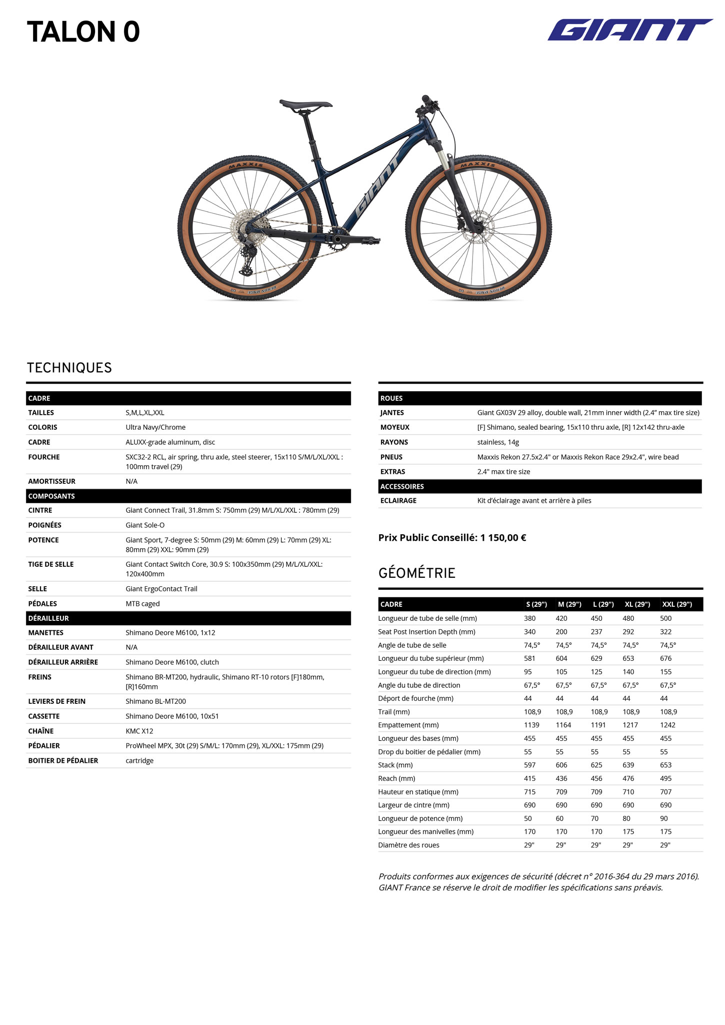 Fiche technique du velo Talon 1 année 2025